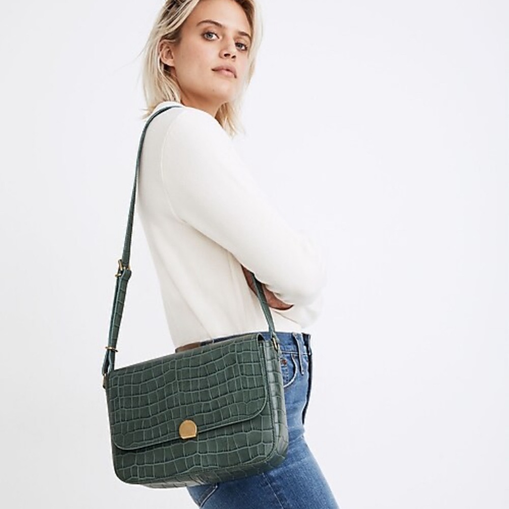Madewell The Abroad Shoulder Bag Croc Embossed Leather Smoky Spruce Green Purse